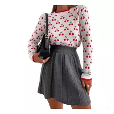 Blusa Sueter Feminino Tricot Lazinha Estampa Cherry cereja