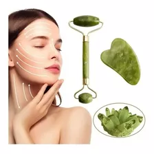 Rodillo Piedra Jade Masaje Facial Linfático + Piedra Gua Sha