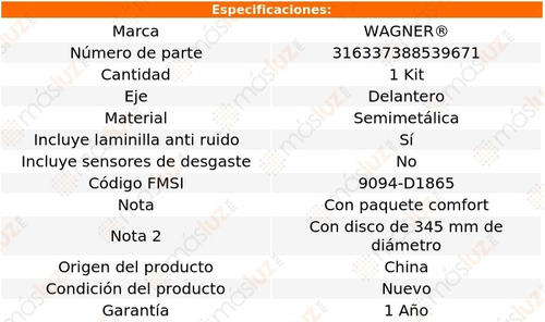 Balatas Semimetalicas Delanteras Volvo Xc60 18/20 Wagner Foto 2