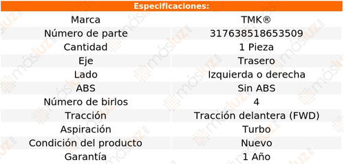 1- Maza Trasera Izq/der Sin Abs Partner L4 1.6l 17/19 Tmk Foto 2