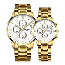 Relógio De Quartzo Clássico Nibosi 2309 Para Casais, Cor De Fundo De 2 Peças Dourado/branco