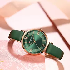 Reloj De Pulsera Curren 9079 De Cuerpo Color Rosê, Analógico-digital, Para Mujer, Con Correa De Cuero Color Verde Y Hebilla Enchufe