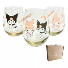 3 Vasos Melody Kuromi Hello Kitty Vidrio Copones