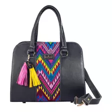 Bolso De Piel Vacuna Con Telar Etnico Artesanal Tipo Tote Color Negro Diseño De La Tela Camila Telar Etnico