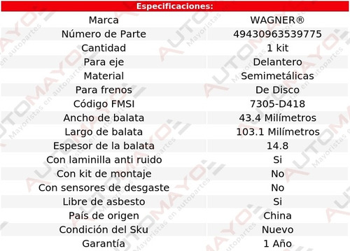 Juego Balatas Semimetalicas Del Tracker 1.6l 89-92 Wagner Foto 2