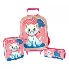 Kit Mochila Escolar De Rodinha Infantil Gatinha Marie Tam G