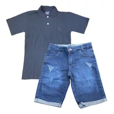 Kit Camisa Gola Polo + Bermuda Jeans Infantil Juvenil Shorts