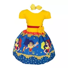 Vestido Infantil Mulher Maravilha Jovem Amarelo Azul+brinde