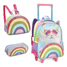 Kit Mochila Escolar Infantil Rodinhas Lancheira Estojo Gatin