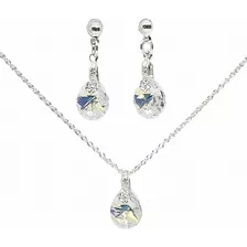 Conjunto Aros+ Cadena Y Dije Cristal Swarovski Gota Plata925