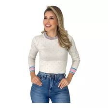 Blusa Feminina Trico Poá Manga Longa Lançamento Moda Sunset