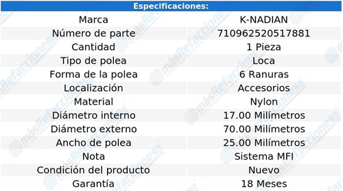 Polea 6 Ranuras Nylon K-nadian Porsche 944 L4 2.5l 83 Foto 3