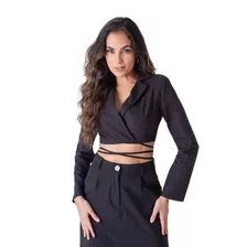 Blazer Cropped Com Linho Lapela E Amarração Feminino