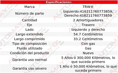 2-amortiguadores Gas Traseros Trw Plymouth Caravelle 85-88 Foto 2