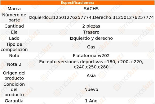 Jgo Amortiguadores Gas Tra Mercedes-benz C220 94/97 Sachs Foto 2