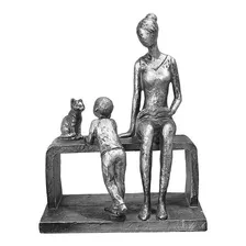 Estátua Escultura Mãe E Filho Com Gato Gatinho Decorativo