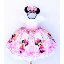 Vestido Tema Minnie Pink Festa Luxo Infantil Com Tiara Luxo