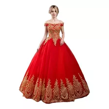 Vestido De Quinceañera Barato Elegante Color Rojo Y Dorado