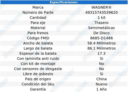 Kit De Balatas Semimetalicas Tra Wagner 407 2.9l 06 Al 08 Foto 2