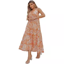 Vestido Midi Viscose Alça Fina Dupla Estampado Laranja M