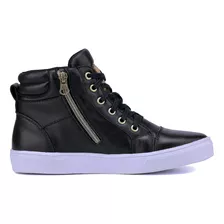 Bota Feminina Sneaker Em Couro Tenis Botinha Academia Preto