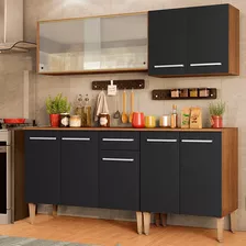 Armário De Cozinha Completa Modulada Madesa Emilly Box Balcão E Armário Vidro Cor Rustic/preto Grem1690037k