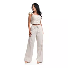 Kit Conjunto Calça Wide Leg Pantalona + Cropeed Linho Luxo