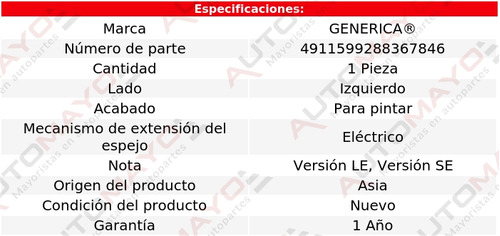 Un Espejo Izquierdo Elect P/pintar Genrica Camry 2018-2020 Foto 2