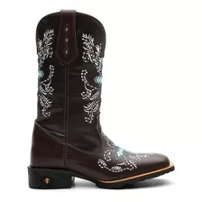 Bota Country Texana Feminina Cruz Em Couro Bico Quadrado