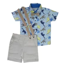 Conj. Roupa Festa Infantil Camisa Social Dinossauros Bermuda