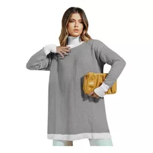 Suéter Poncho Malha Blusa Tricot Femiinino Quadriculado