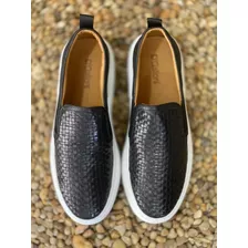 Tênis Slip On Masculino Couro Tressê Casual Conforto - Preto