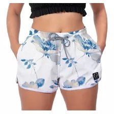 Short Praia Moda Feminino Flores Azuis Esporte Corrida Verão