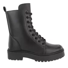 Bota Coturno Tratorada Feminina Cadarço Zíper Confort Preto