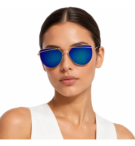 Lentes De Sol Aviador Espejados Azul Uv400 Mujer Azul Dorado