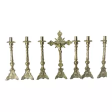 Conjunto Para Altar Bronze 6 Castiçais 33cm 1 Crucifixo 32cm