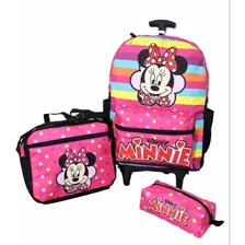 Kit Mochila De Rodinha Infantil Escolar Minie Listras