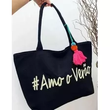 Bolsa De Praia Feminina Praia Piscina Passeio Tema Amo Verão Cor Preto