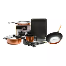 Set Cocina Carbono Antiadherente Fary Ocre 5 Pz Utensillos