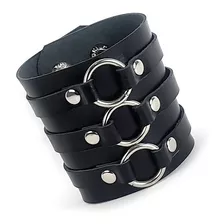 Pulseira Couro Legitimo Bracelete C/ Argolas Metal Punk Rock