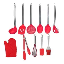 Jogo Kit Colheres De Silicone Cabo Inox Utensílios 11 Peças