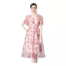 Vestido Midi De Verano Con Volantes Y Estampado Floral Rosa