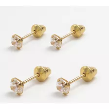 Brinco Pedrinha 3mm + Brinco Pedrinha 4mm Em Ouro 18k