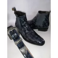 Combo Botin + Cinto Para Caballero En Piel De Cocodrilo Azul