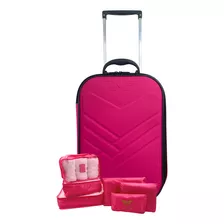 Mala Viagem De Bordo Pequena 55x35x25cm + Kit Organizadores Cor Pink