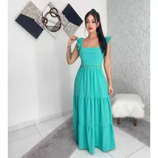 Vestido Longo Luxo Com Babada Na Mangas E Reda Na Cintura