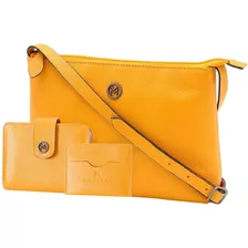 Kit Bolsa + Carteiras De Couro Bovino Mariart 2260+236+158c Cor Amarelo Gold