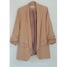 Blazer Alongado Camel Em Linho E Viscose Manga Franzida