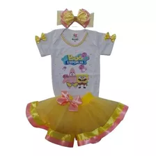 Conjunto Bob Esponja Menina Luxo Body,saia E Faixa Fantasia