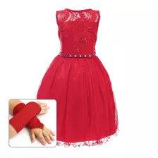 Vestido Infantil Vermelho Natal Festa Menina Luxo + Luvas